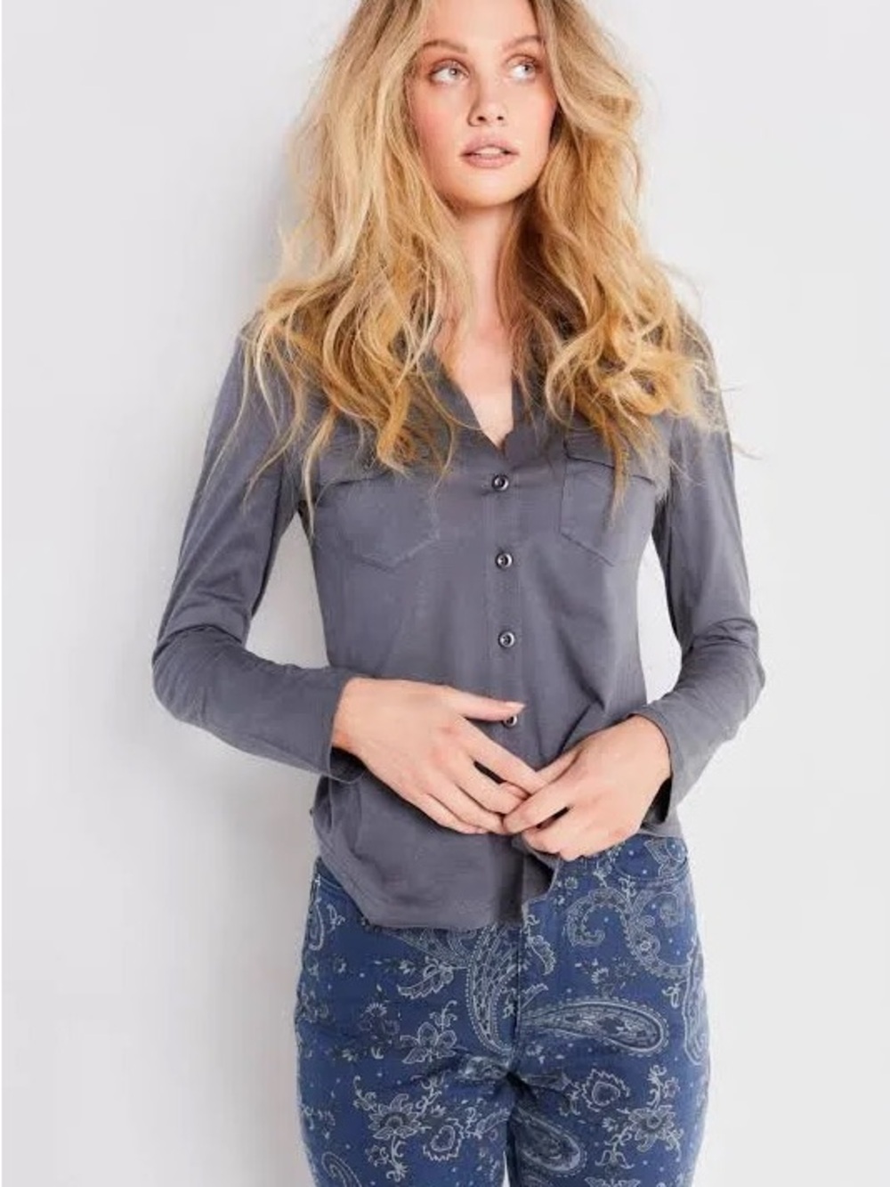 Lisa Todd Grey "Keep It Together" Button Down Shirt XL 100% Cotton Long Sleeve